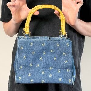 Vintage-Style Denim Bamboo Handle Palm Tree Bag by Lianni